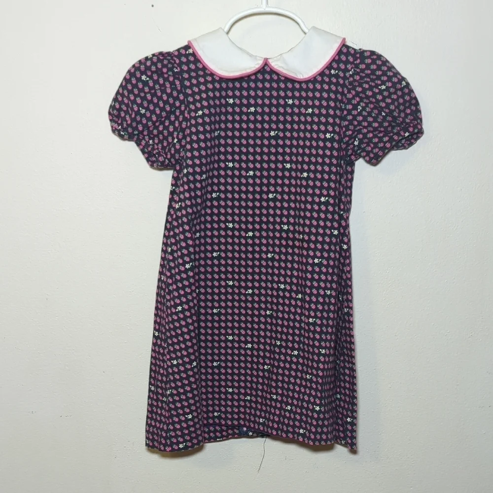Navy Dress with Pink Strawberry Print + White Peter Pan Collar Girls Size 4T